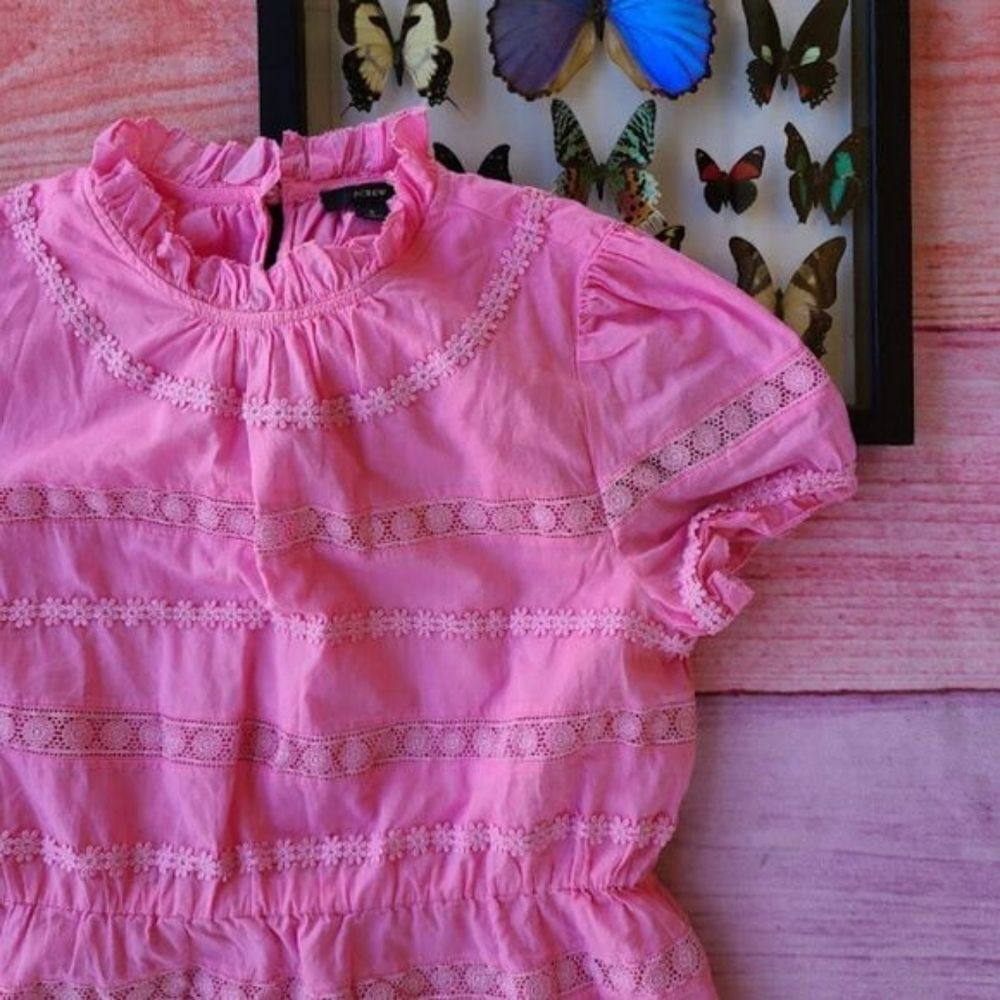 J. Crew Bright Pink Daisy Chain Lace‎ Trim Puff Sleeve Peplum Top Small Modest - Picture 4 of 5